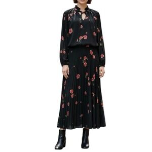 Lauren Ralph Lauren Black Floral Pleated Midi Chiffon Dress Tie Neck‎ Size 0